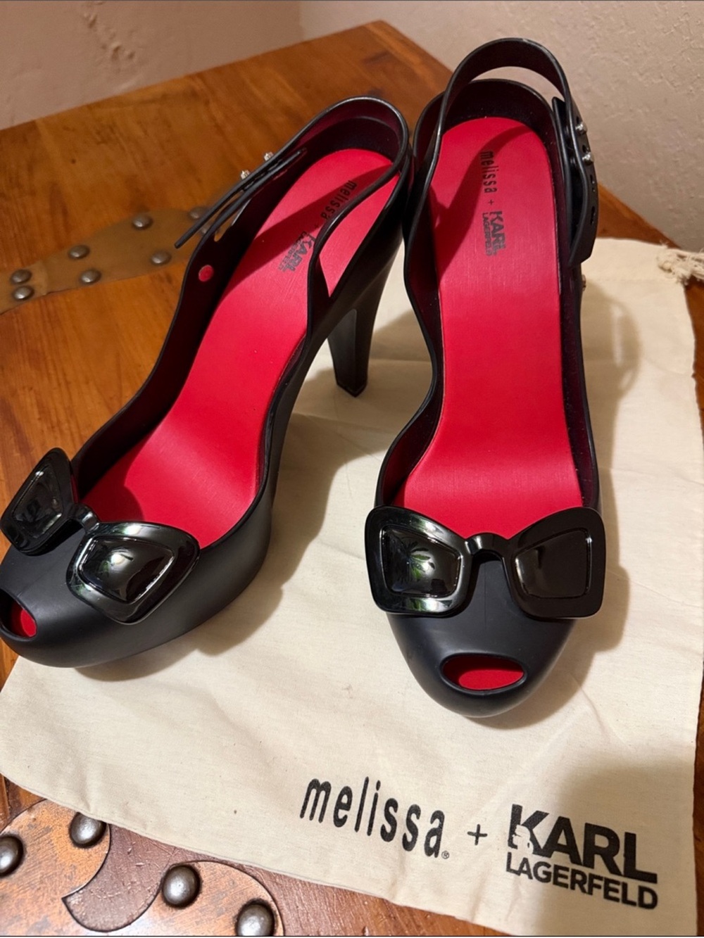 Melissa x Karl Lagerfeld Iconic Black Peep-Toe Slingback Heels with Red Insole